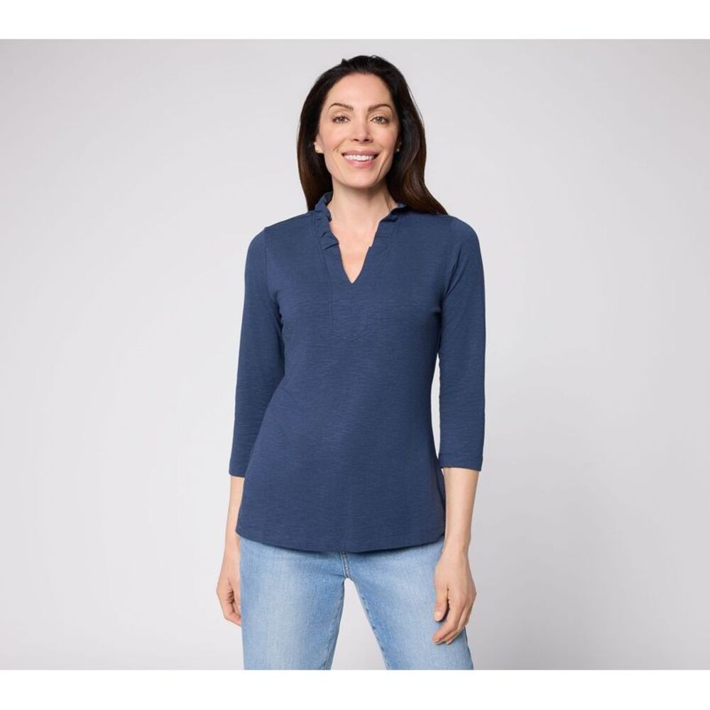 Belle by Kim Gravel Women's Top Sz M Slub Knit Frill Seeker Sleeve Blue